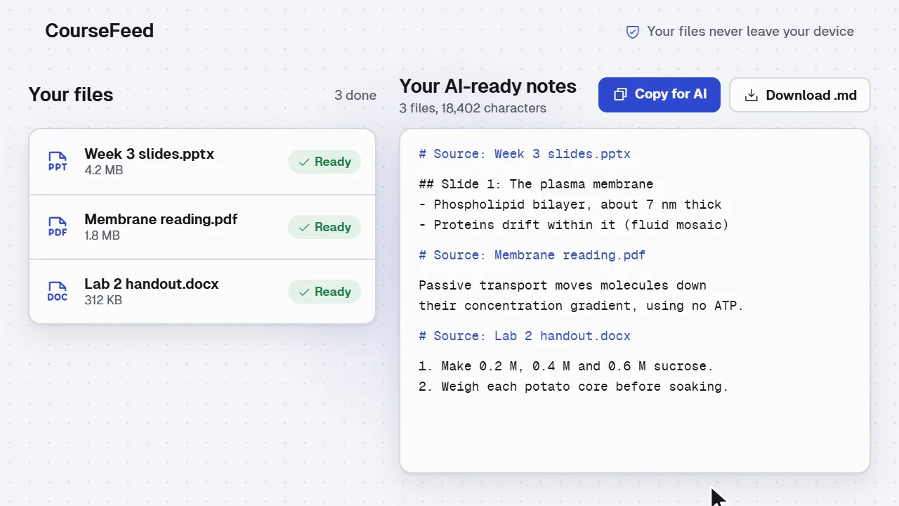 CourseFeed demo: three course files converted into one document of notes